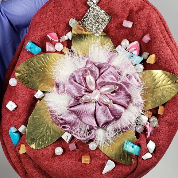 Red Coin Purse with Pink Satin Flower, Gems & Gold Leaf – Statement Mini Bag - Picture 4 of 13